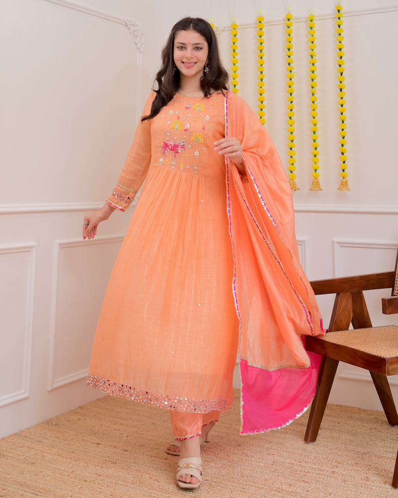 Peach Meadow Handwork Mul Chanderi Festive Suit