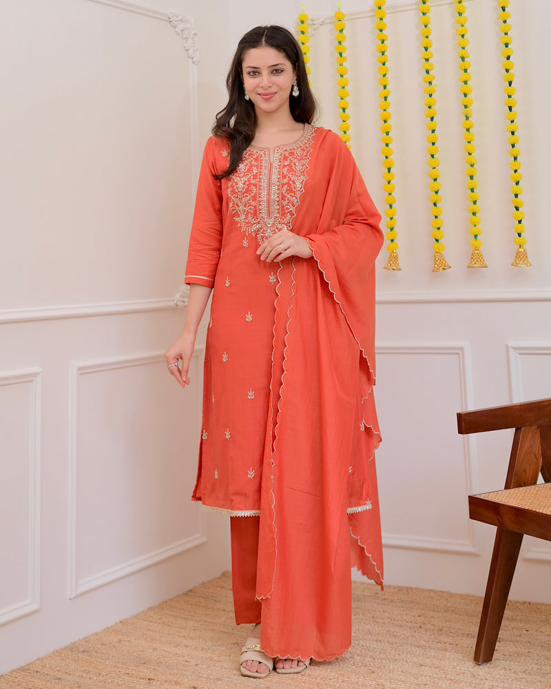 Rust Orange Mul Chanderi Handwork Festive Suit