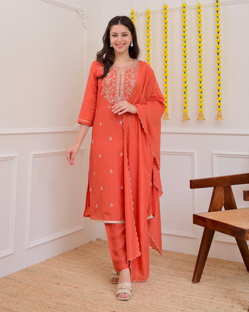 Rust Orange Mul Chanderi Handwork Festive Suit