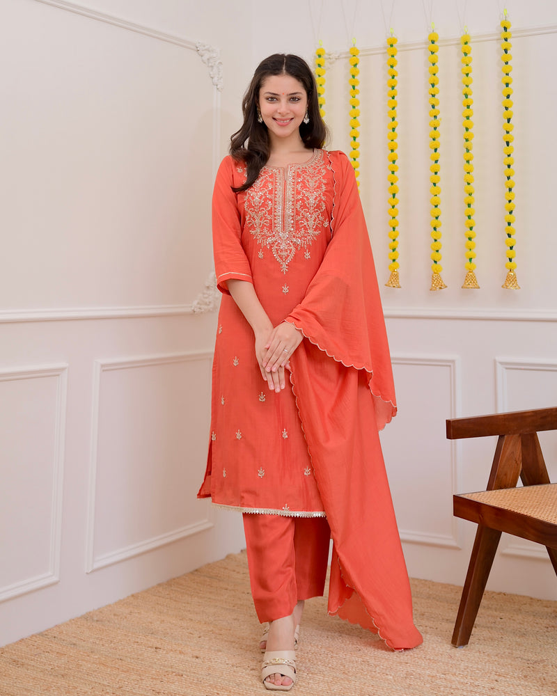 Rust Orange Mul Chanderi Handwork Festive Suit