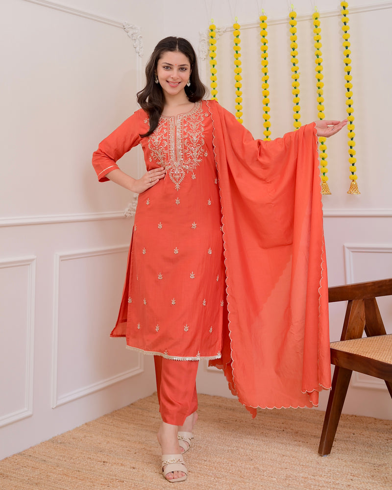 Rust Orange Mul Chanderi Handwork Festive Suit