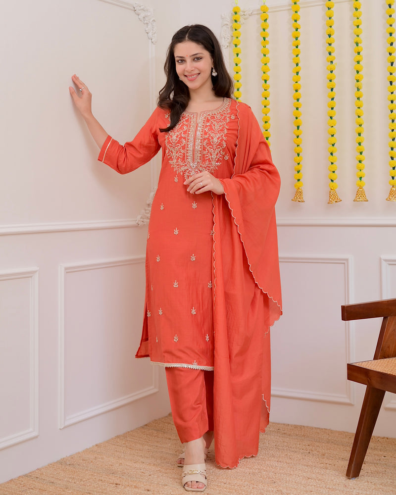 Rust Orange Mul Chanderi Handwork Festive Suit