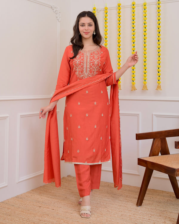 Rust Orange Mul Chanderi Handwork Festive Suit