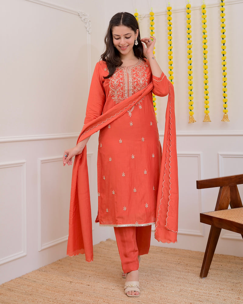 Rust Orange Mul Chanderi Handwork Festive Suit