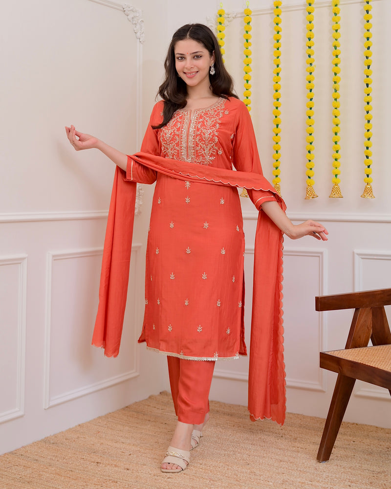 Rust Orange Mul Chanderi Handwork Festive Suit