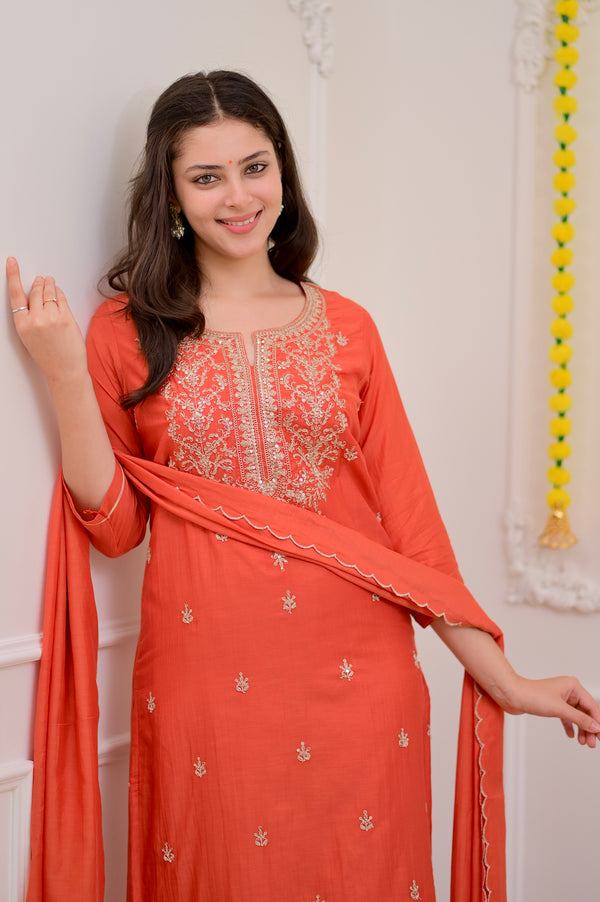 Rust Orange Mul Chanderi Handwork Festive Suit