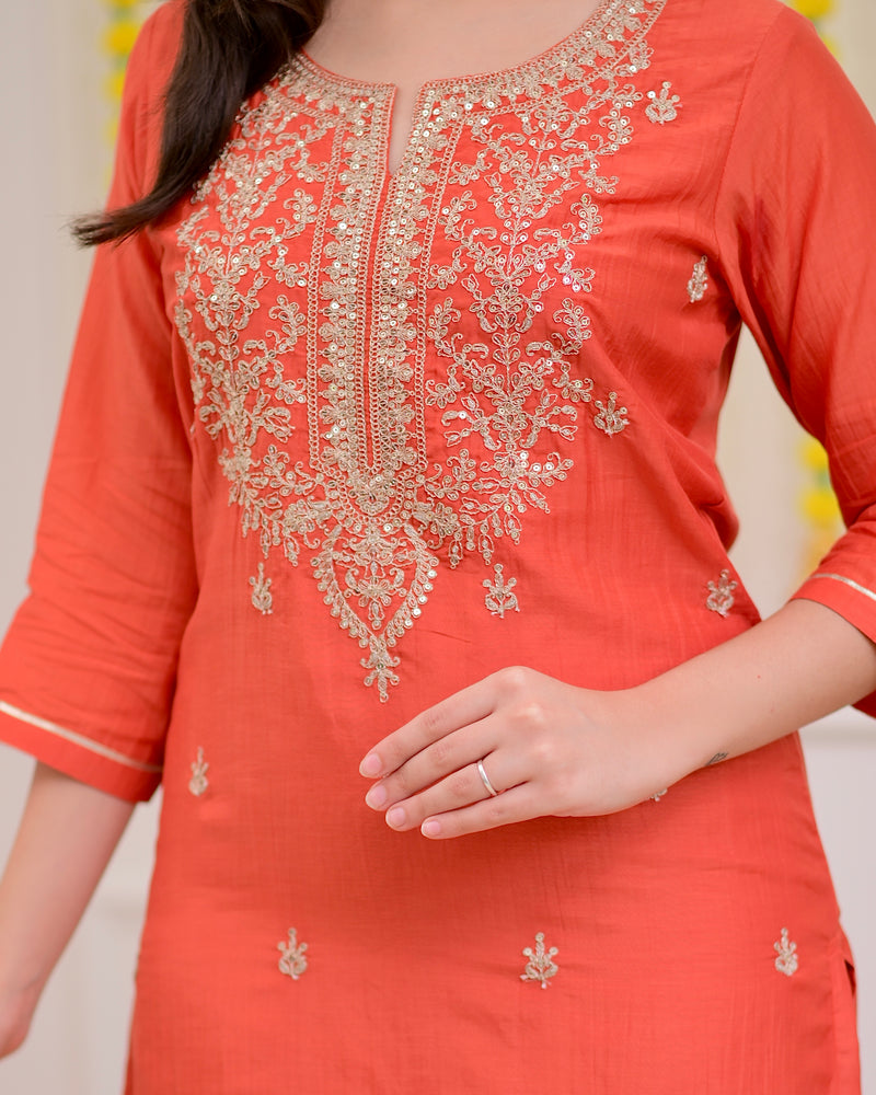 Rust Orange Mul Chanderi Handwork Festive Suit