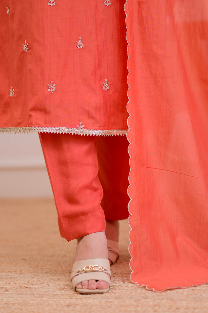 Rust Orange Mul Chanderi Handwork Festive Suit