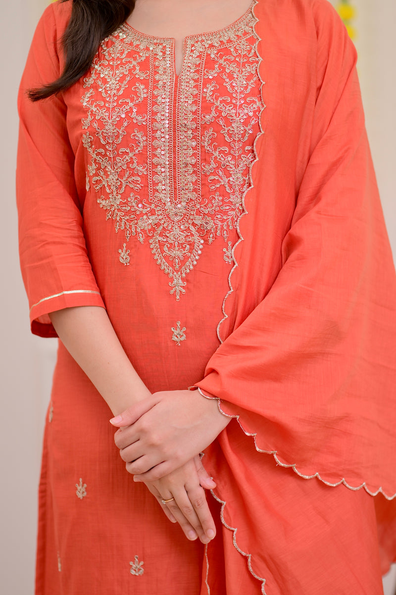 Rust Orange Mul Chanderi Handwork Festive Suit