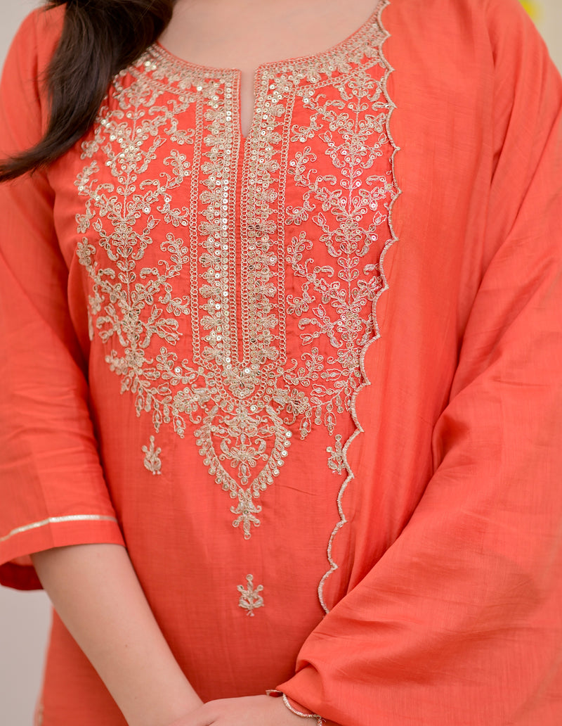 Rust Orange Mul Chanderi Handwork Festive Suit