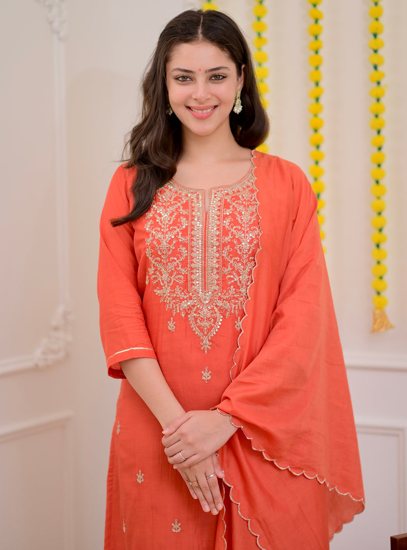 Rust Orange Mul Chanderi Handwork Festive Suit
