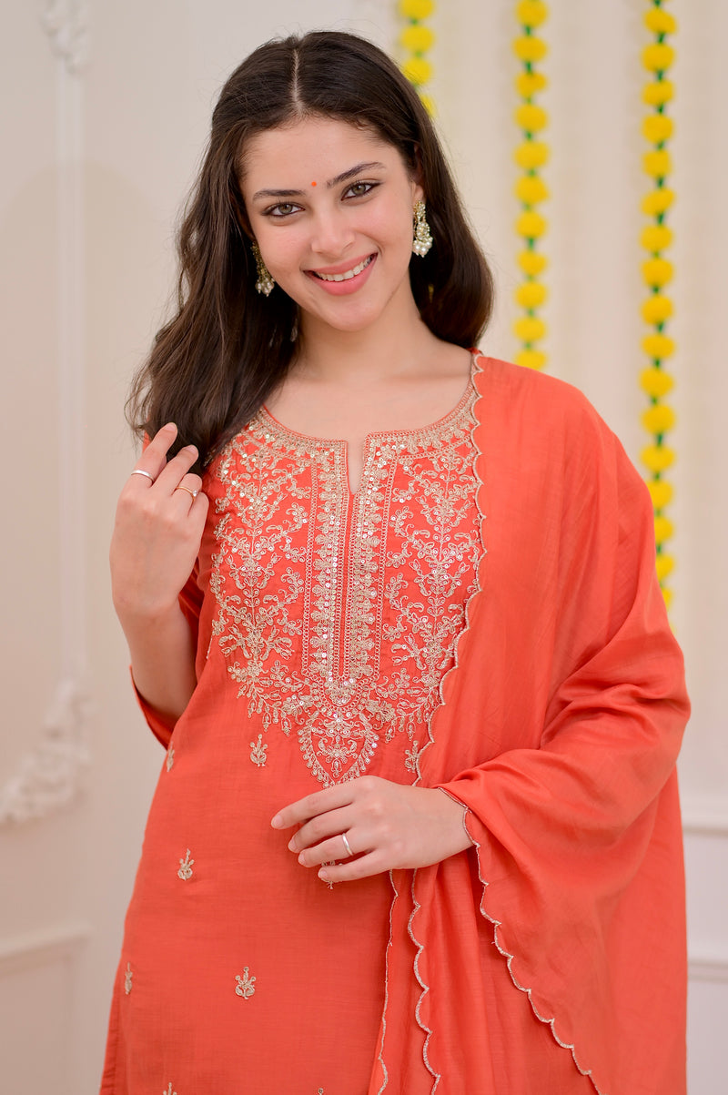 Rust Orange Mul Chanderi Handwork Festive Suit