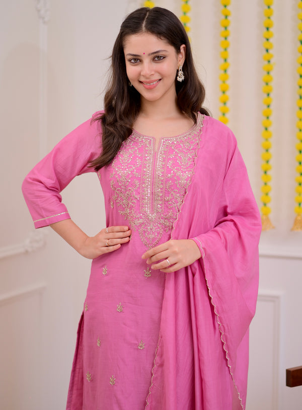 Onion Pink Mul Chanderi Handwork Festive Suit