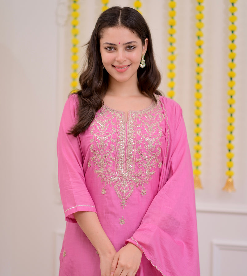 Onion Pink Mul Chanderi Handwork Festive Suit