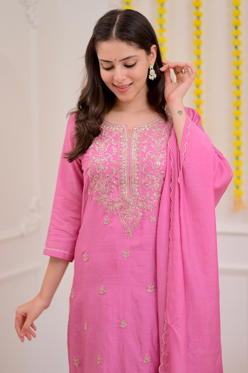 Onion Pink Mul Chanderi Handwork Festive Suit