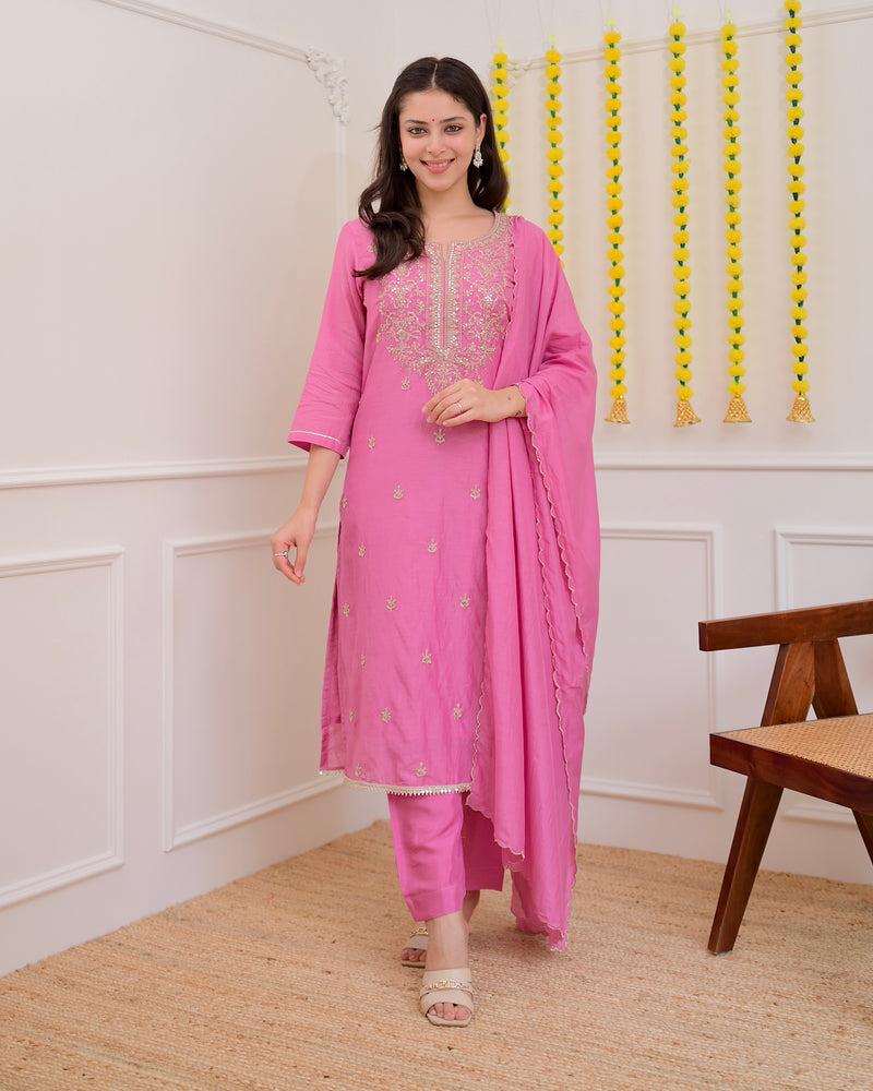 Onion Pink Mul Chanderi Handwork Festive Suit