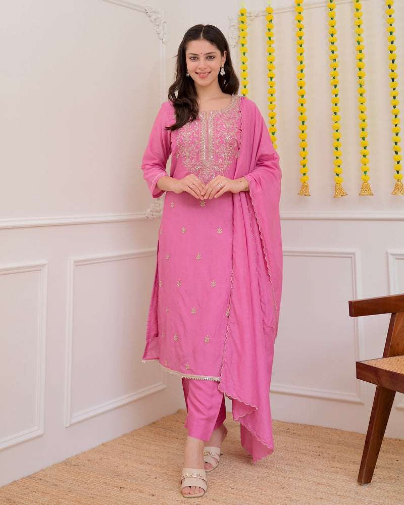 Onion Pink Mul Chanderi Handwork Festive Suit