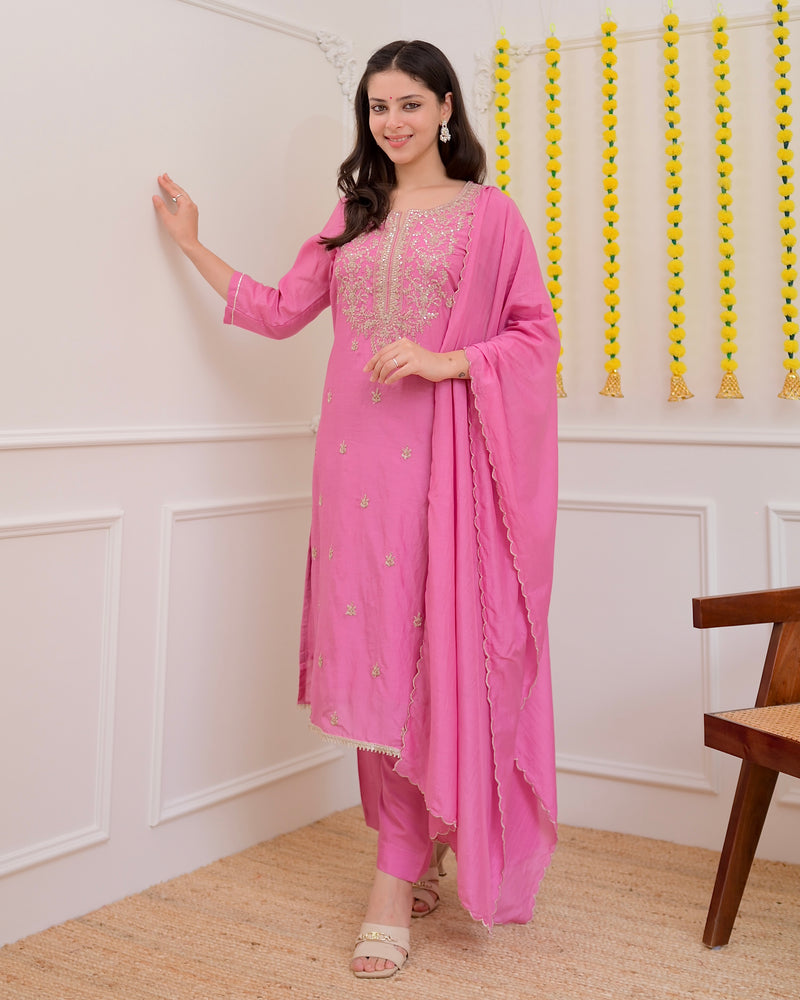 Onion Pink Mul Chanderi Handwork Festive Suit