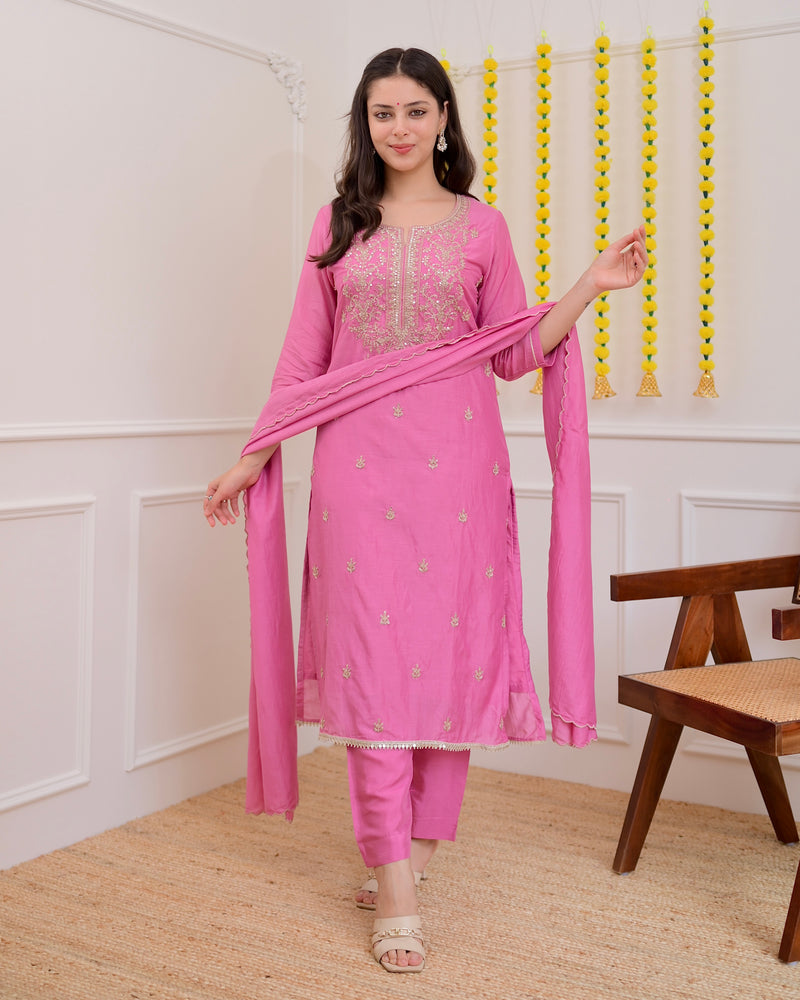 Onion Pink Mul Chanderi Handwork Festive Suit