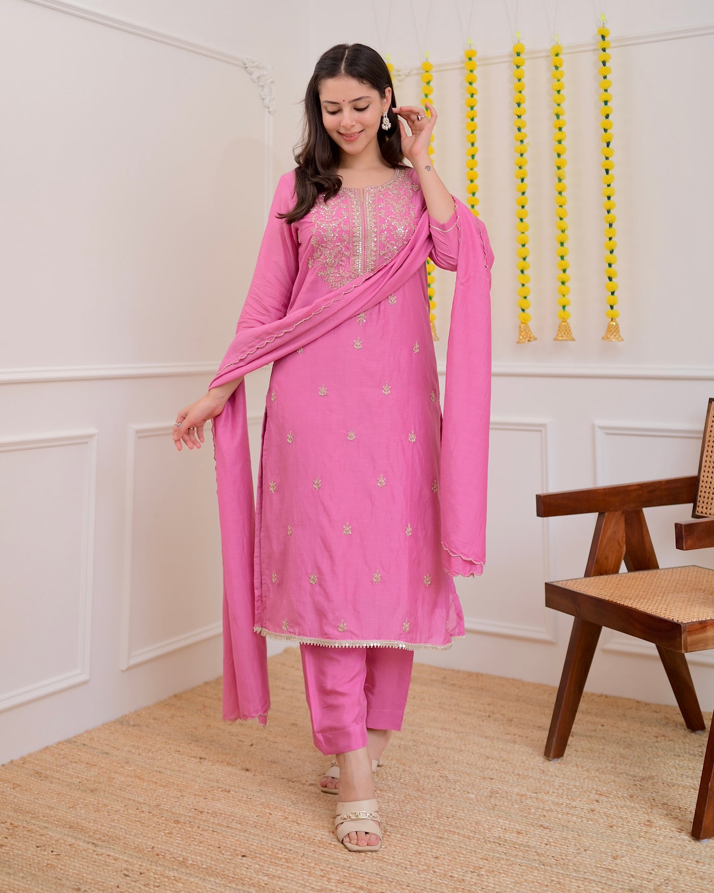 Onion Pink Mul Chanderi Handwork Festive Suit