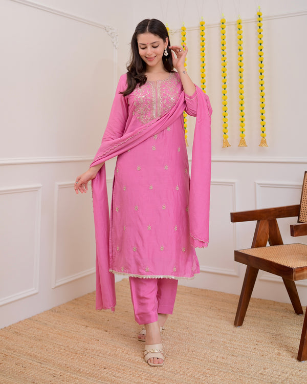 Onion Pink Mul Chanderi Handwork Festive Suit