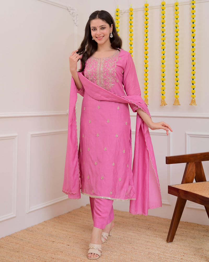Onion Pink Mul Chanderi Handwork Festive Suit