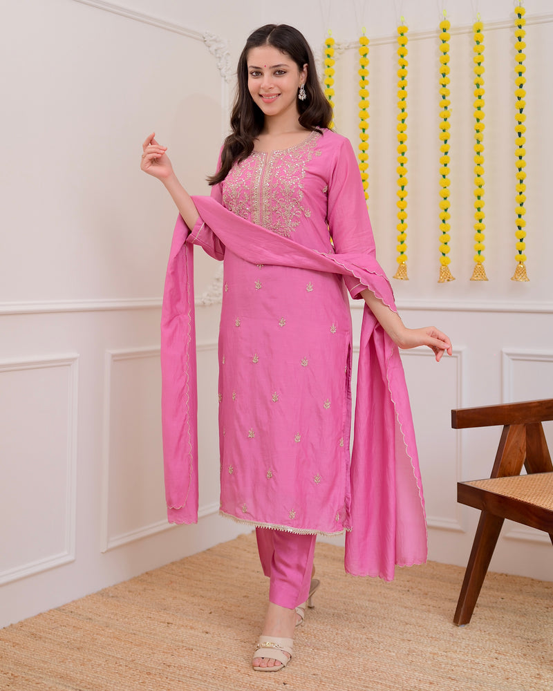 Onion Pink Mul Chanderi Handwork Festive Suit