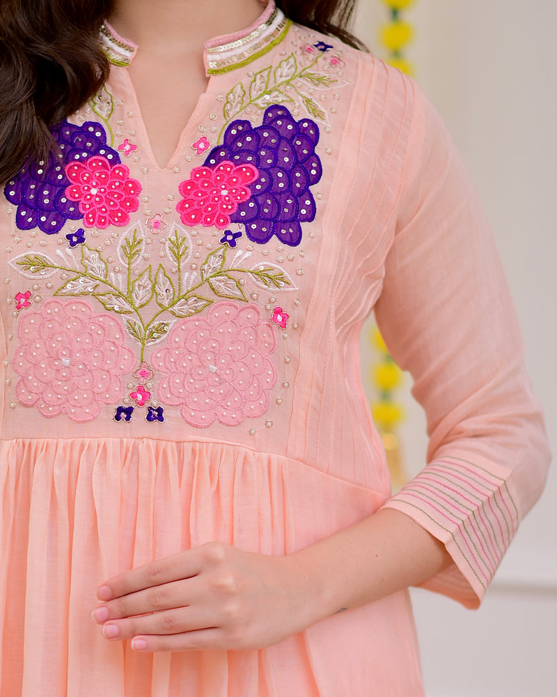 Blush Peach Mul Chanderi Handwork A Line Festive Suit