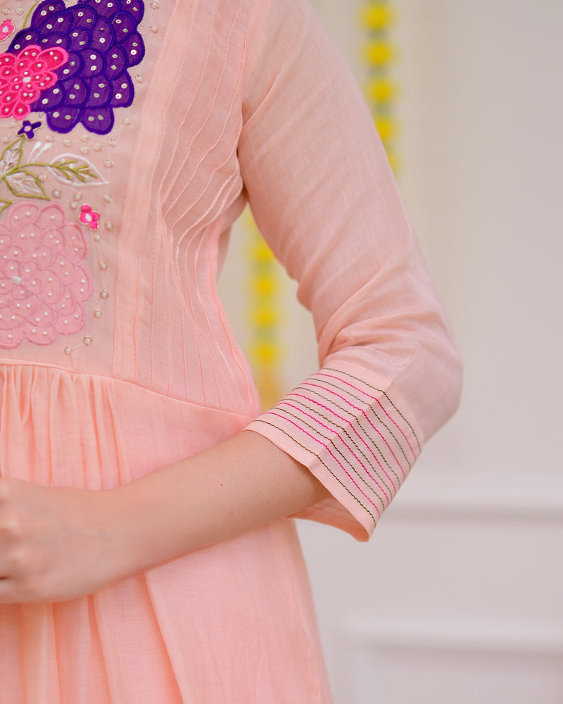 Blush Peach Mul Chanderi Handwork A Line Festive Suit