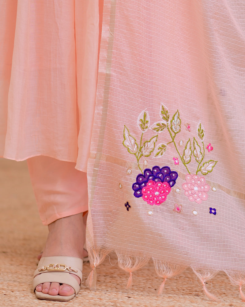 Blush Peach Mul Chanderi Handwork A Line Festive Suit