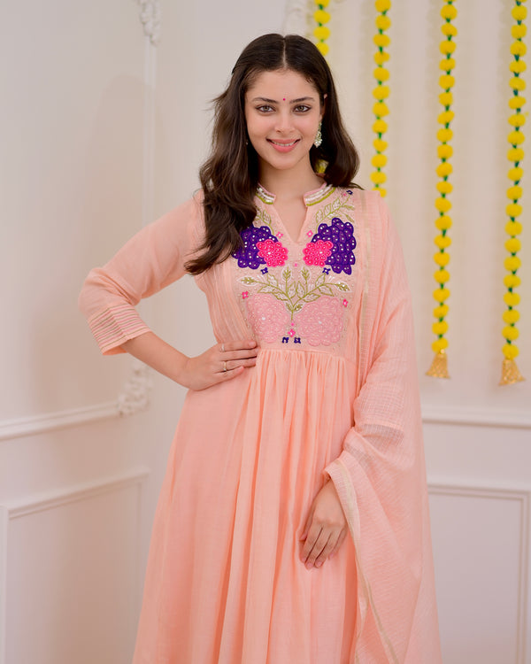 Blush Peach Mul Chanderi Handwork A Line Festive Suit