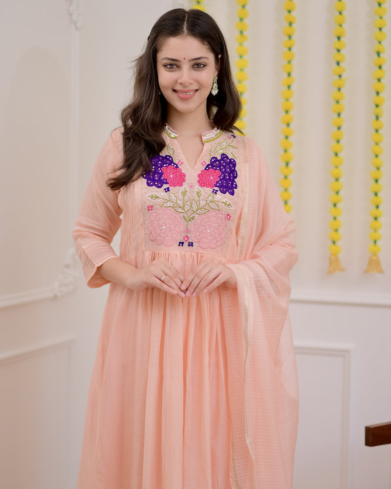 Blush Peach Mul Chanderi Handwork A Line Festive Suit
