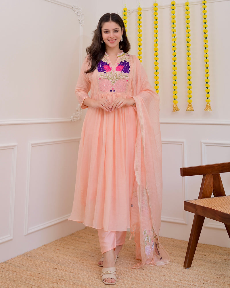 Blush Peach Mul Chanderi Handwork A Line Festive Suit