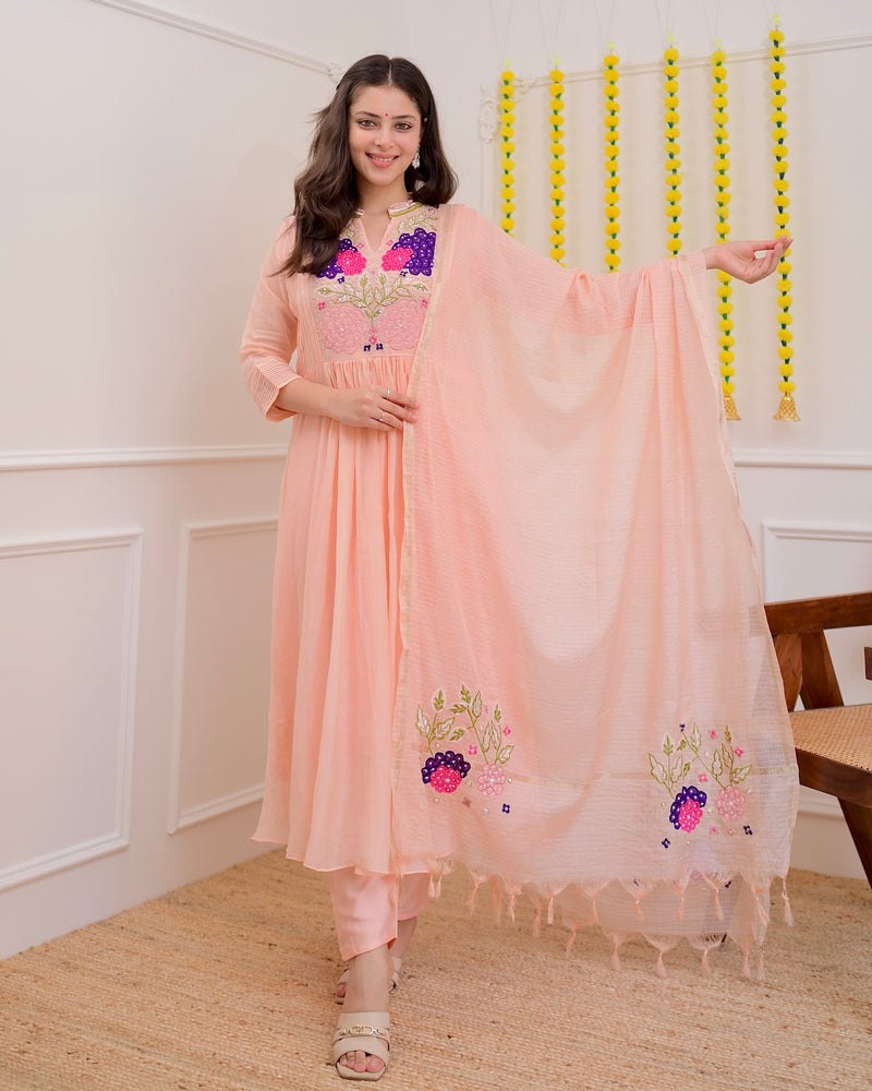 Blush Peach Mul Chanderi Handwork A Line Festive Suit