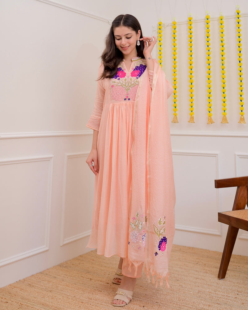 Blush Peach Mul Chanderi Handwork A Line Festive Suit