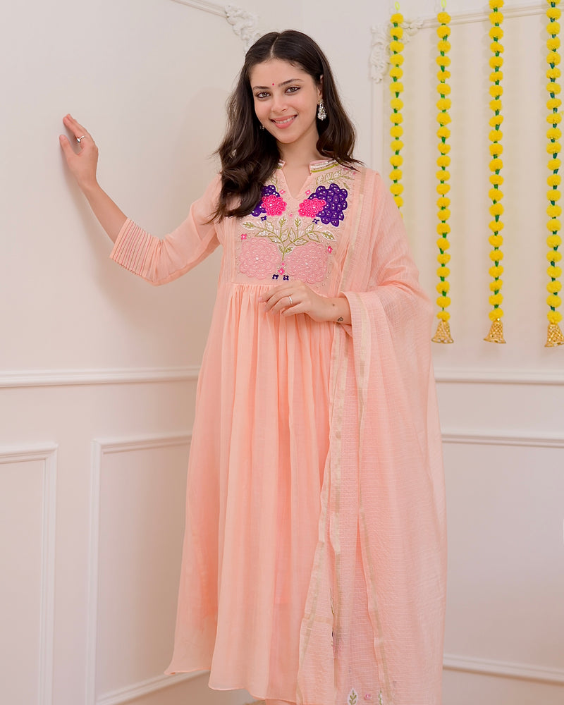 Blush Peach Mul Chanderi Handwork A Line Festive Suit