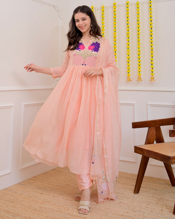 Blush Peach Mul Chanderi Handwork A Line Festive Suit