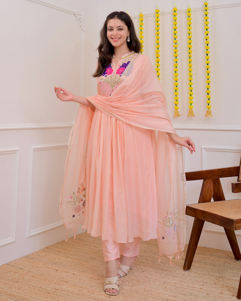 Blush Peach Mul Chanderi Handwork A Line Festive Suit