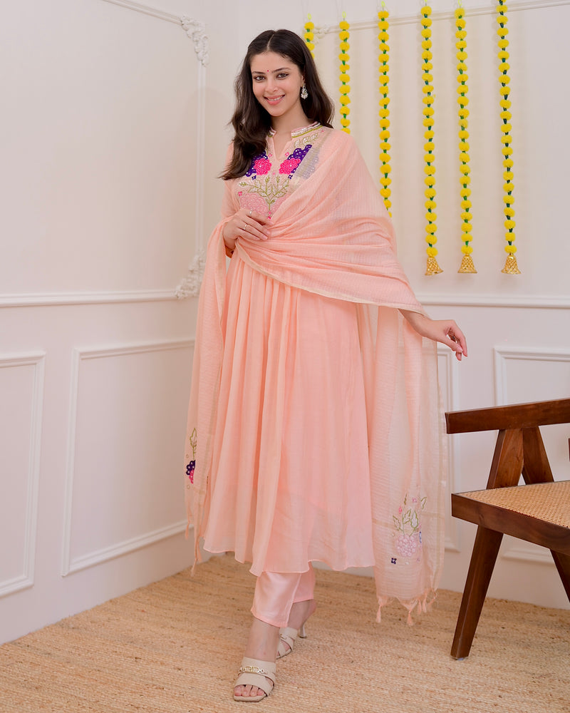 Blush Peach Mul Chanderi Handwork A Line Festive Suit