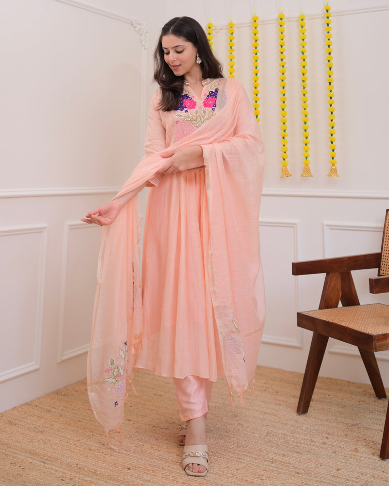 Blush Peach Mul Chanderi Handwork A Line Festive Suit