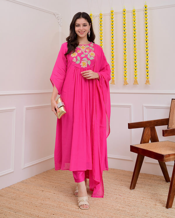 Pink Handwork A Line Mul Chanderi Festive Suit