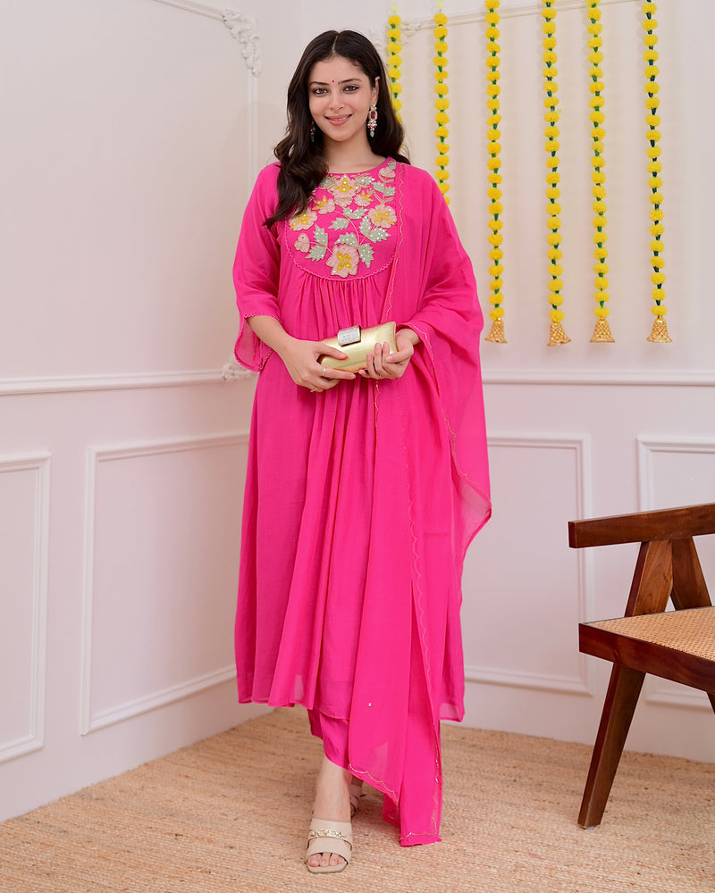 Pink Handwork A Line Mul Chanderi Festive Suit