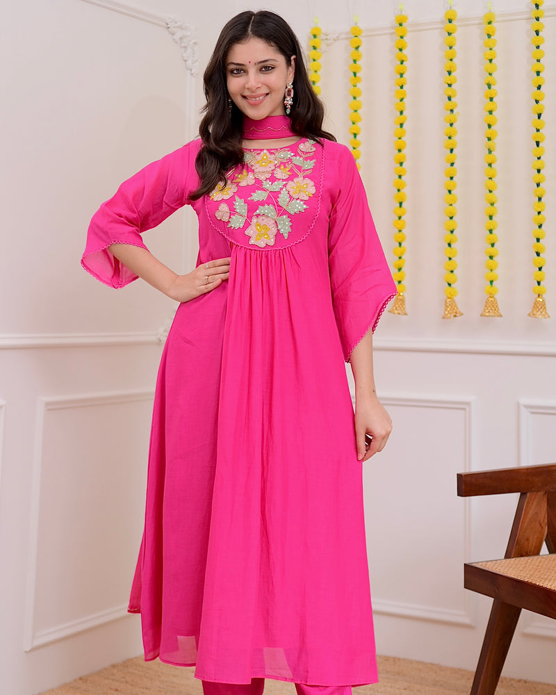 Pink Handwork A Line Mul Chanderi Festive Suit