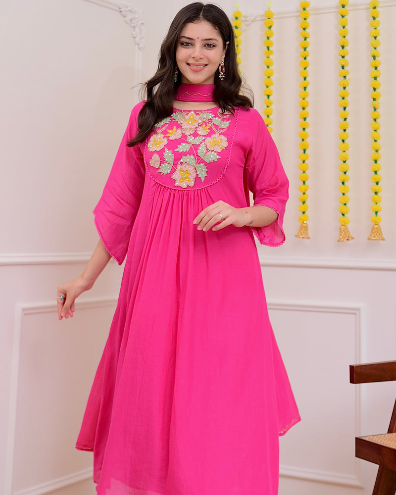 Pink Handwork A Line Mul Chanderi Festive Suit