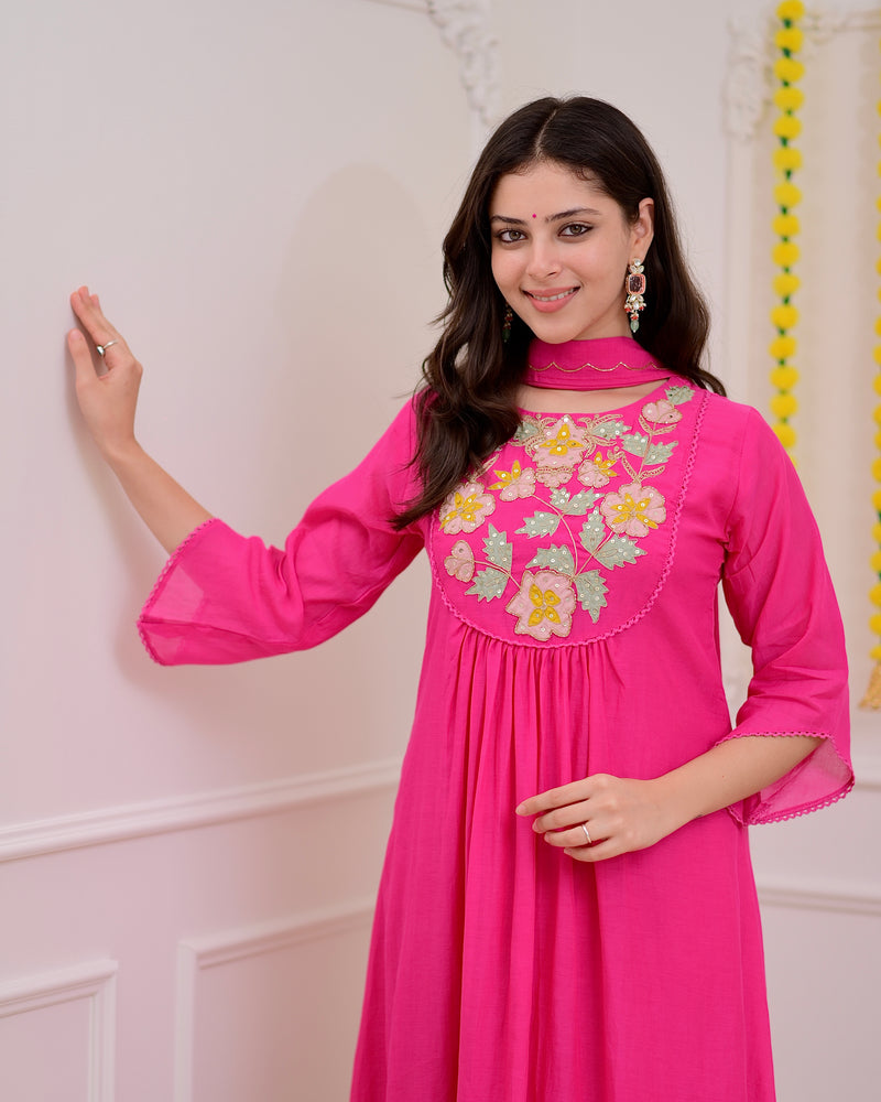 Pink Handwork A Line Mul Chanderi Festive Suit