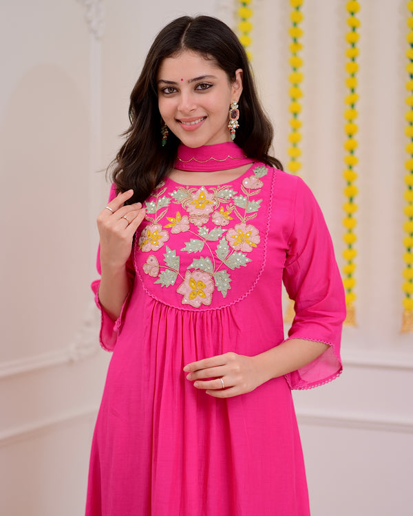 Pink Handwork A Line Mul Chanderi Festive Suit