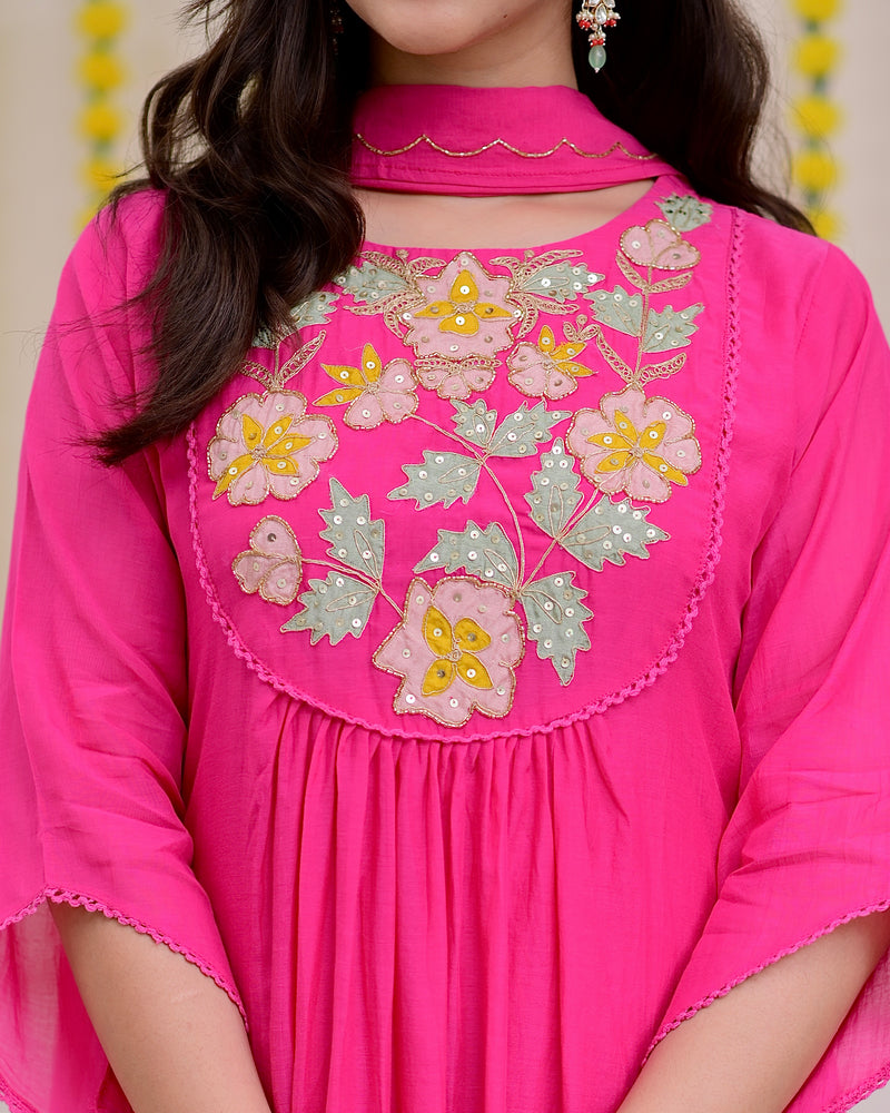 Pink Handwork A Line Mul Chanderi Festive Suit