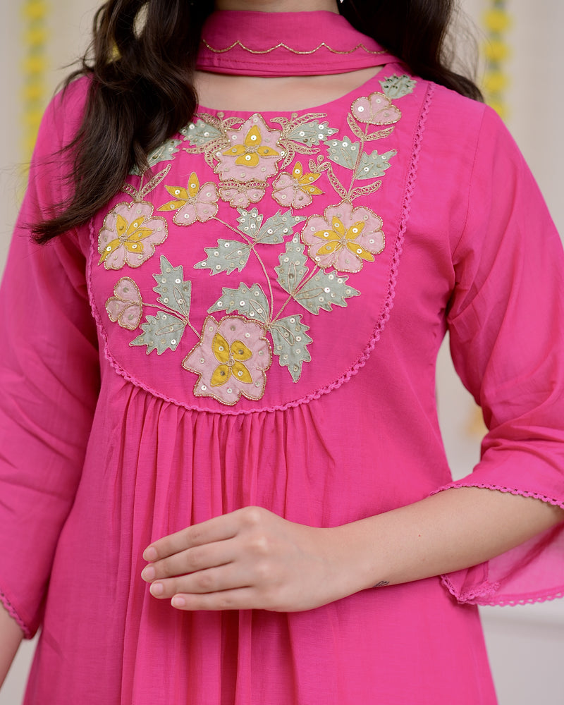 Pink Handwork A Line Mul Chanderi Festive Suit