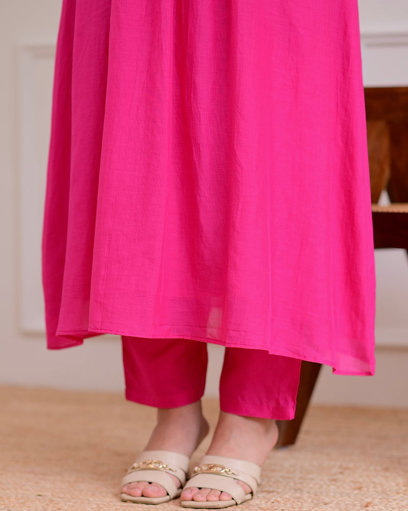 Pink Handwork A Line Mul Chanderi Festive Suit