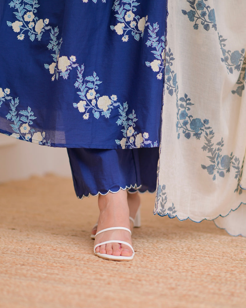 Azure Blue Ivory Garden Mul Chanderi Suit